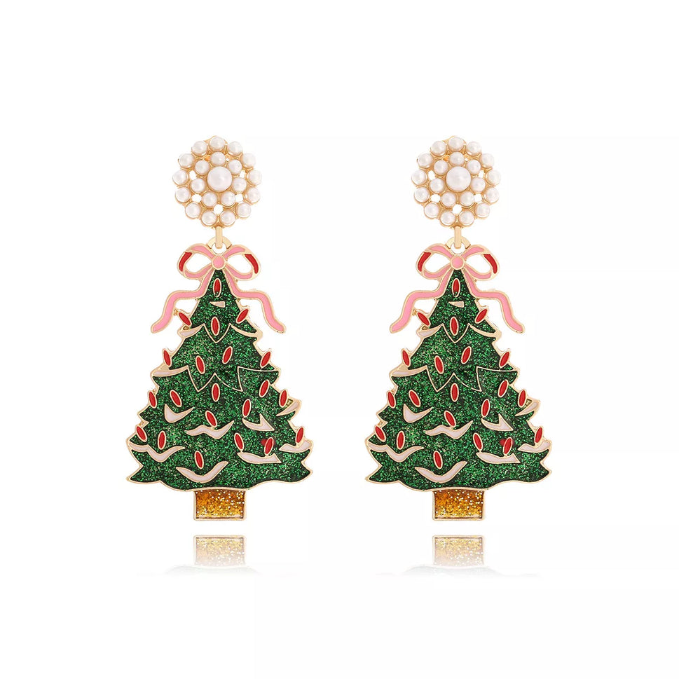 Christmas Tree Dangle Earrings with Pearl
