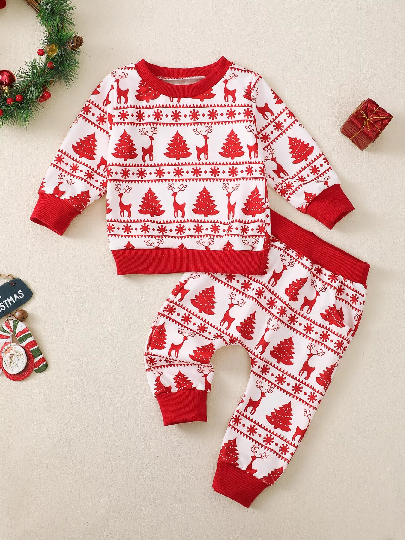 Children's Christmas Reindeer & Tree Print Top and Pants Set
