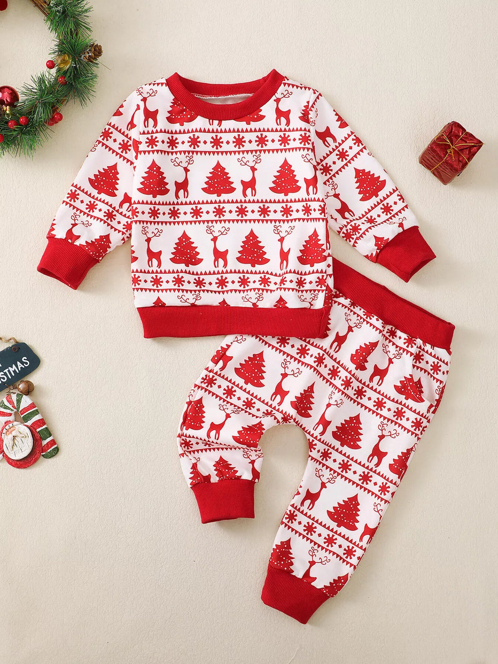 Children's Christmas Reindeer & Tree Print Top and Pants Set
