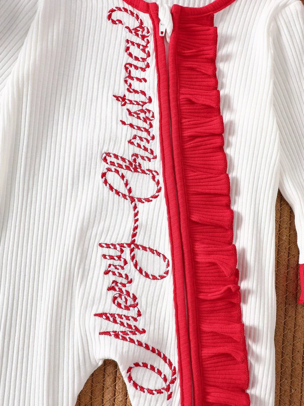 Children's Christmas Ruffle Trim Ribbed Jumpsuit