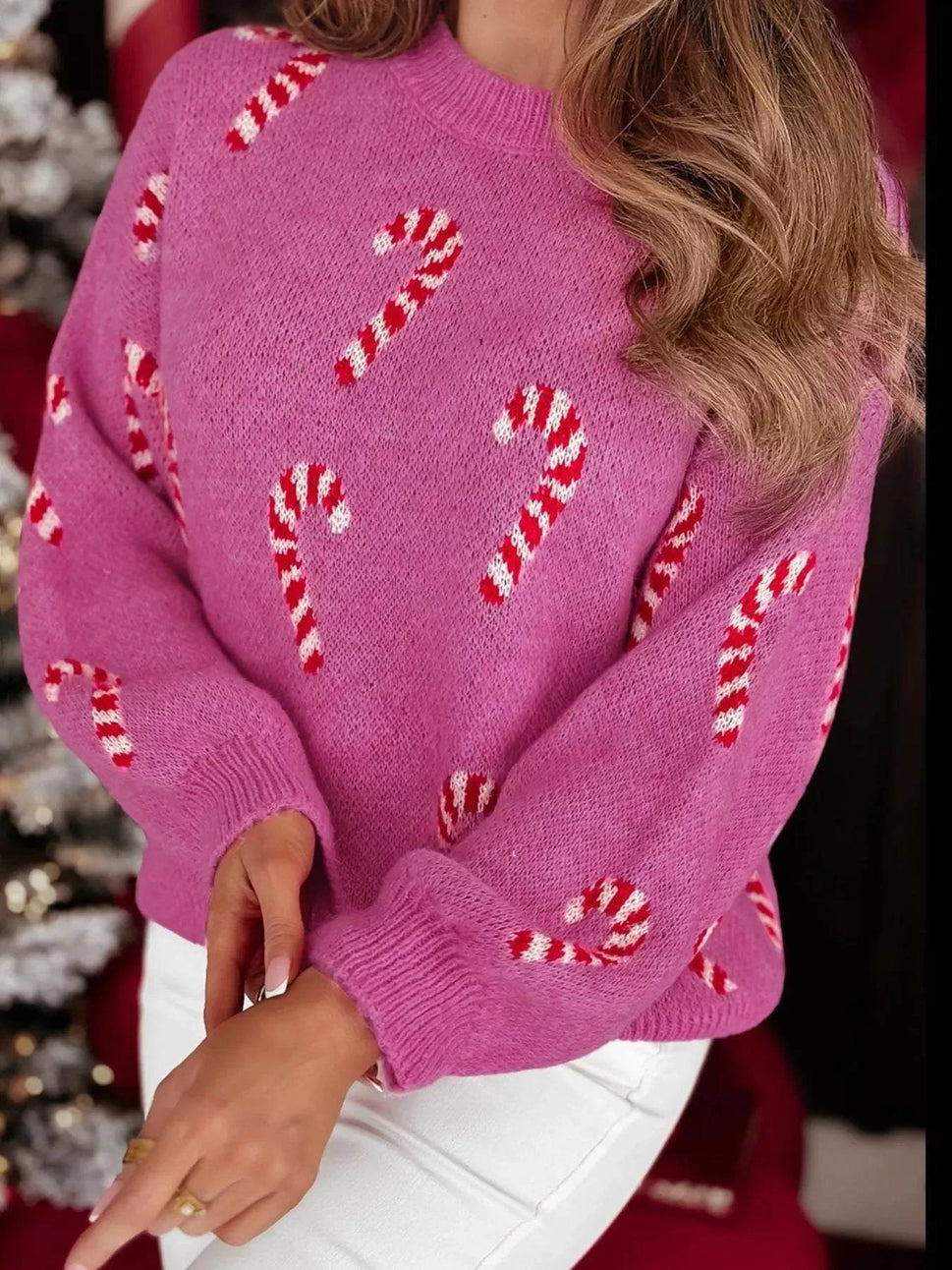Christmas Candy Cane Holiday Drop Shoulder Sweater