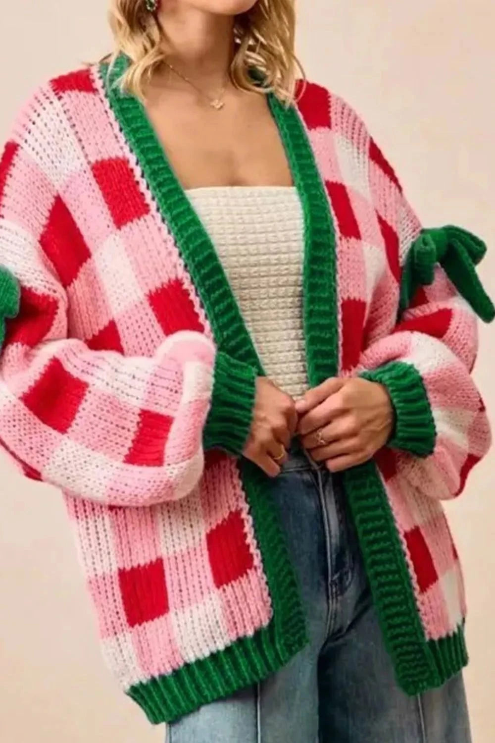 Checkered Bow-Tie Sleeve Knit Christmas Cardigan