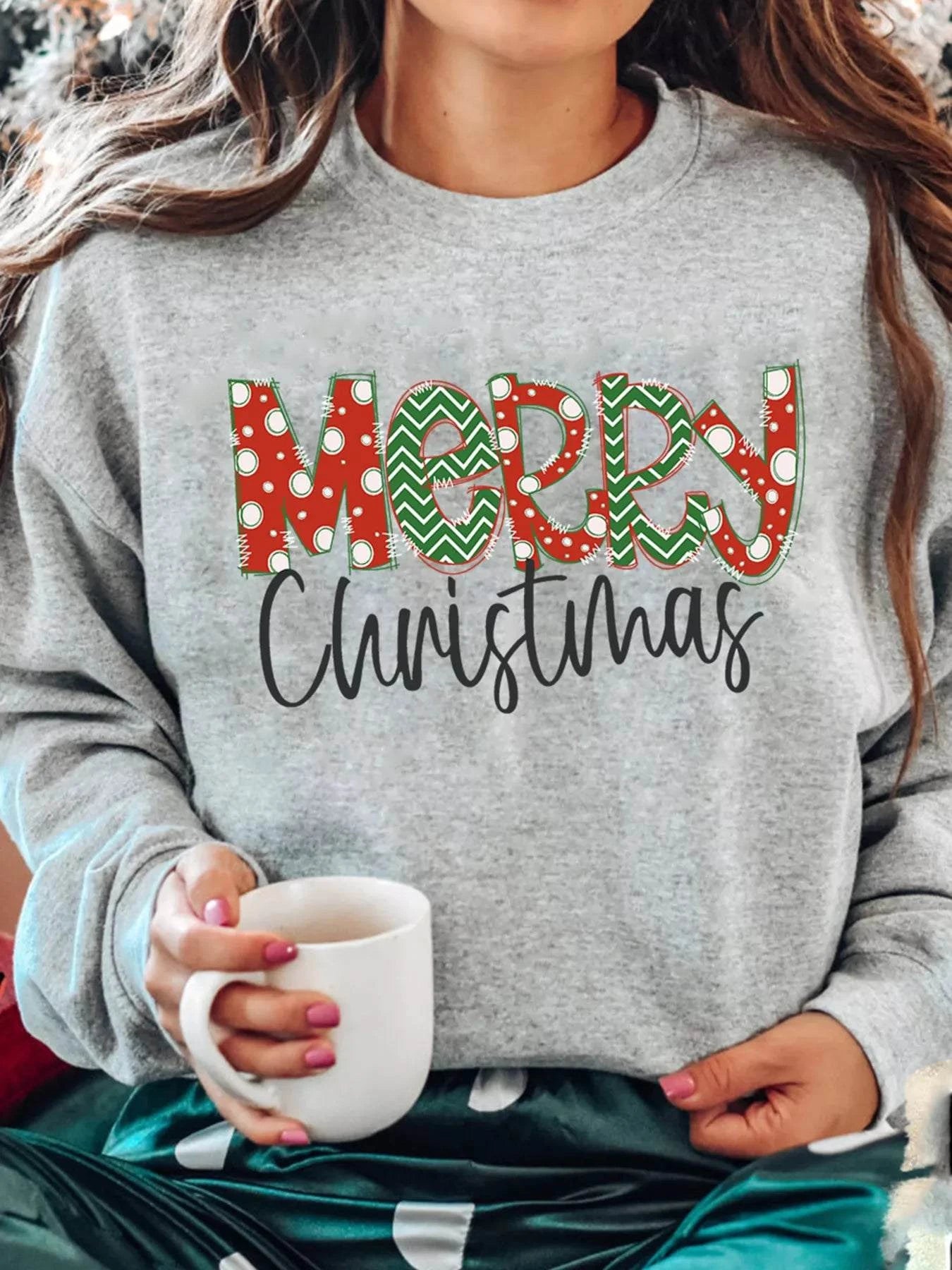 Merry Christmas Festive Letter Print Drop Shoulder Sweatshirt