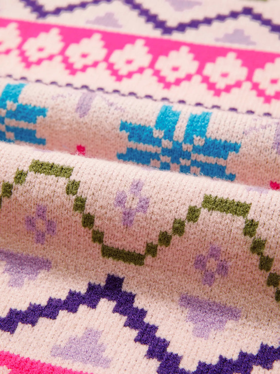 Multicolour Ethnic Christmas Pattern Knit Feather Cuffed Sweater