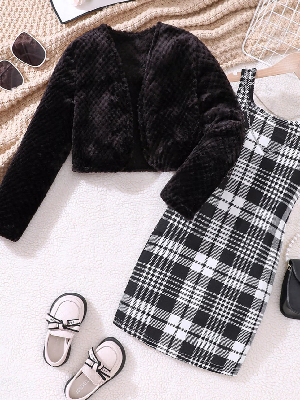 Children's Fuzzy Cardigan & Plaid Dress Set