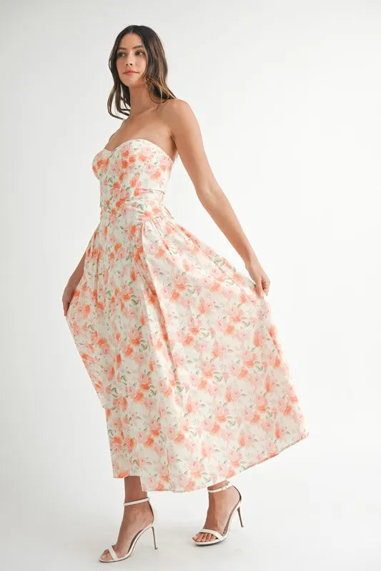MABLE Sweetheart Neckline Floral Printed Midi Dress