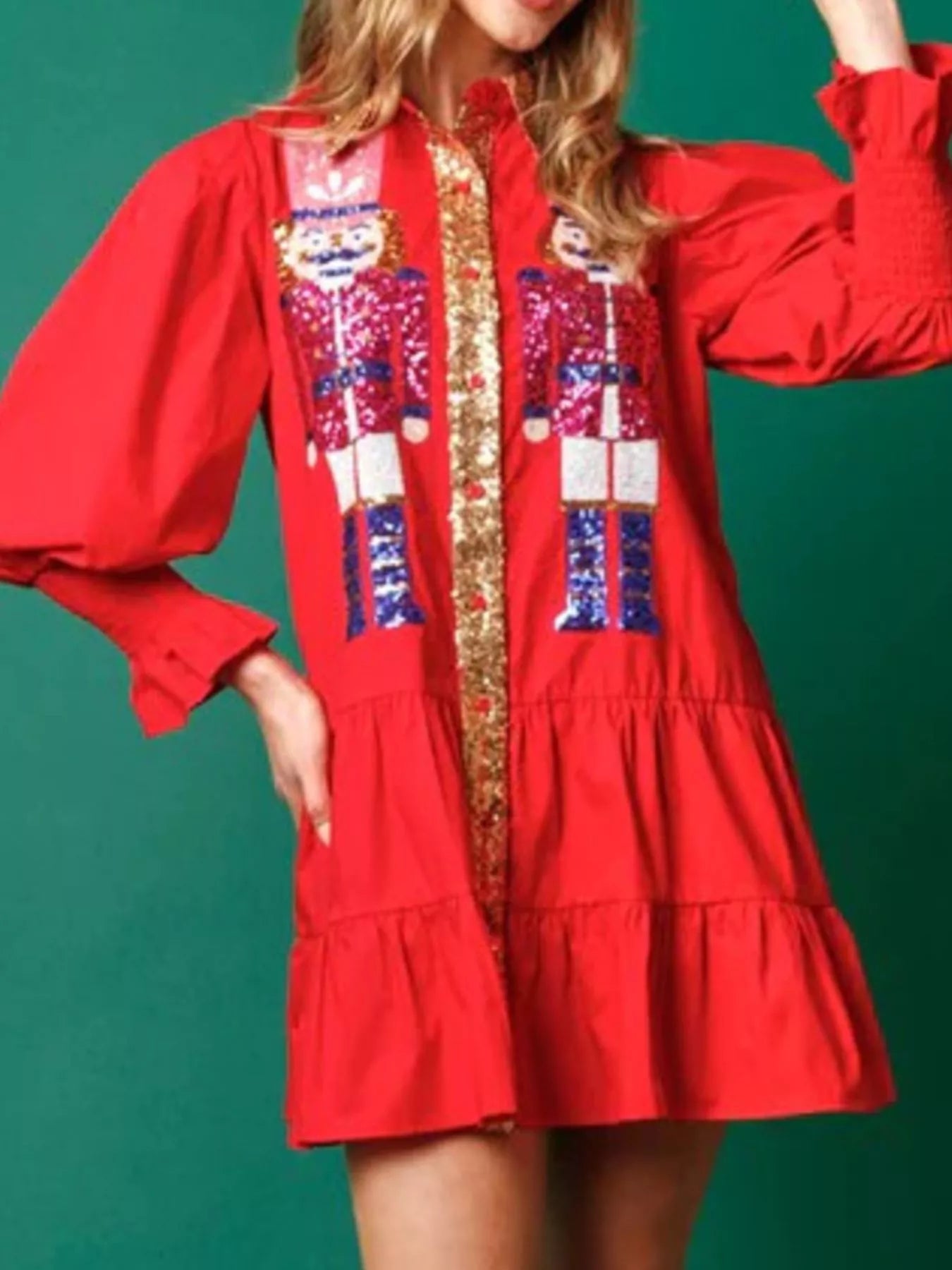 Full Size Christmas Sequin Nutcracker Tiered Shirt Dress Plus Size