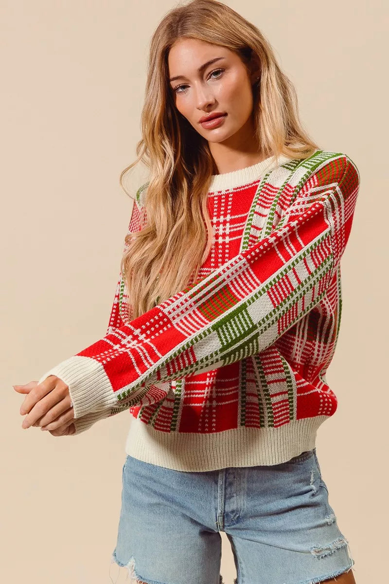 SO ME Christmas Color Checkered Plaid Crew Neck Sweater