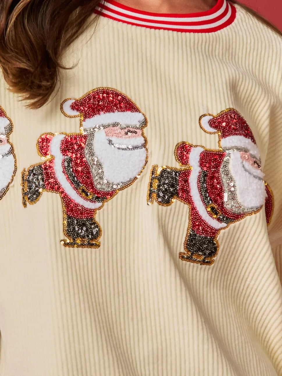 Christmas Sequin Candy Cane and Santa Sweatshirt with Striped Hem