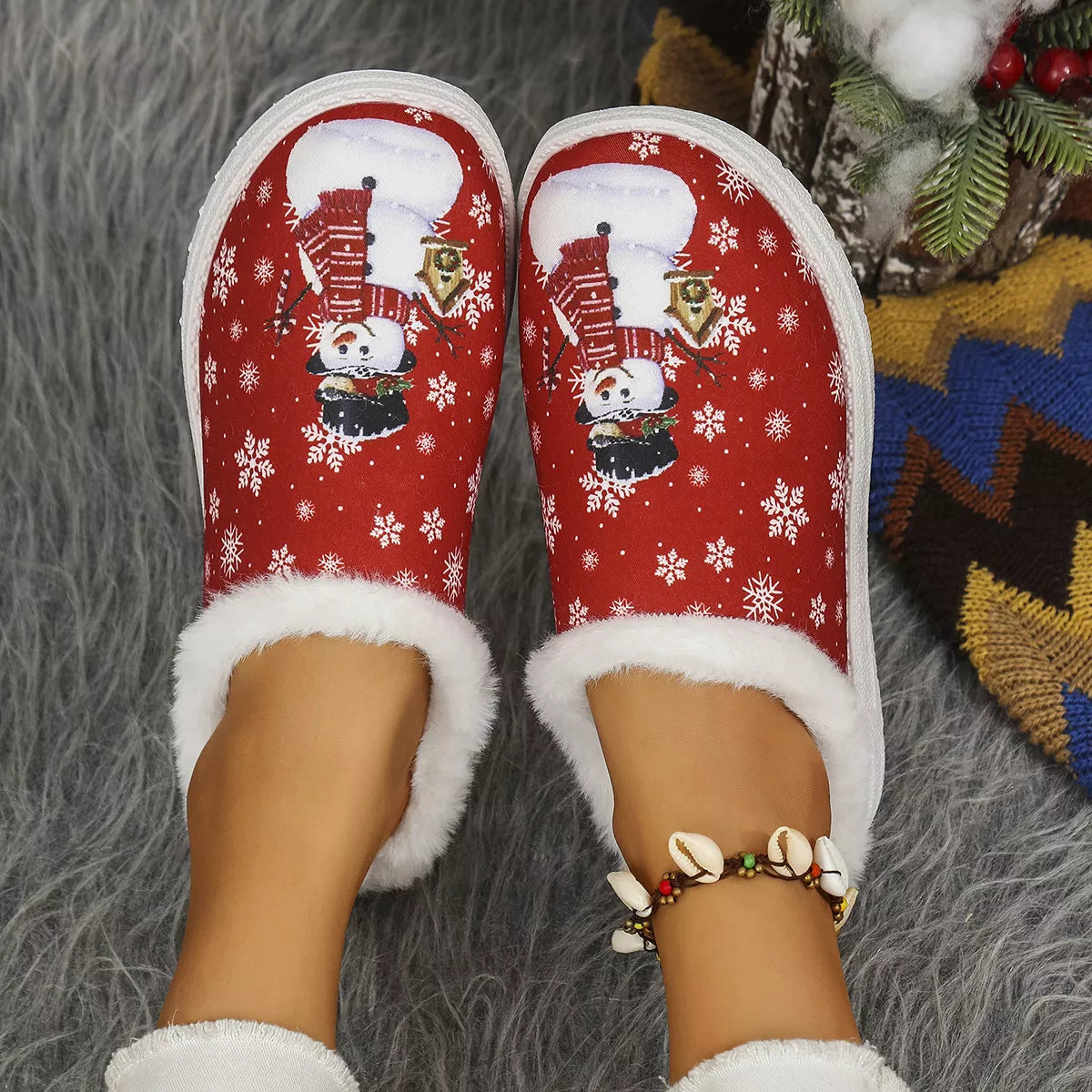 Christmas Snowman Plush Lined Slippers