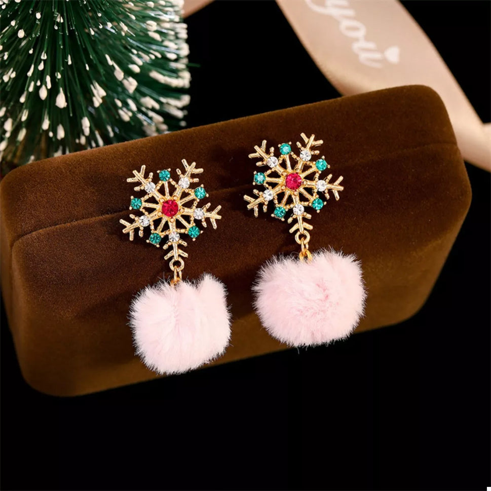 Christmas Snowflake Pom Pom Drop Earrings