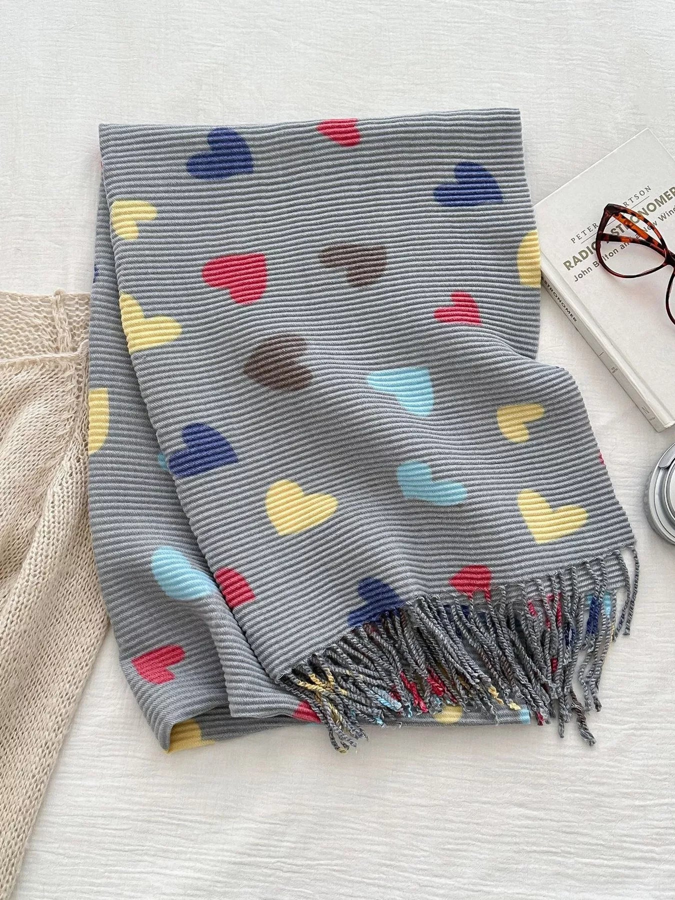 Heart Patterned Tassel Scarf