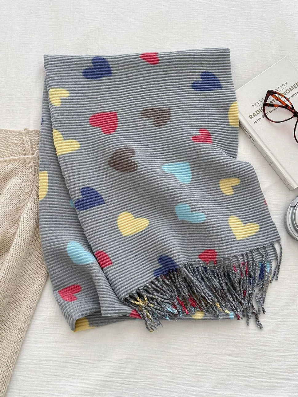 Heart Patterned Tassel Scarf