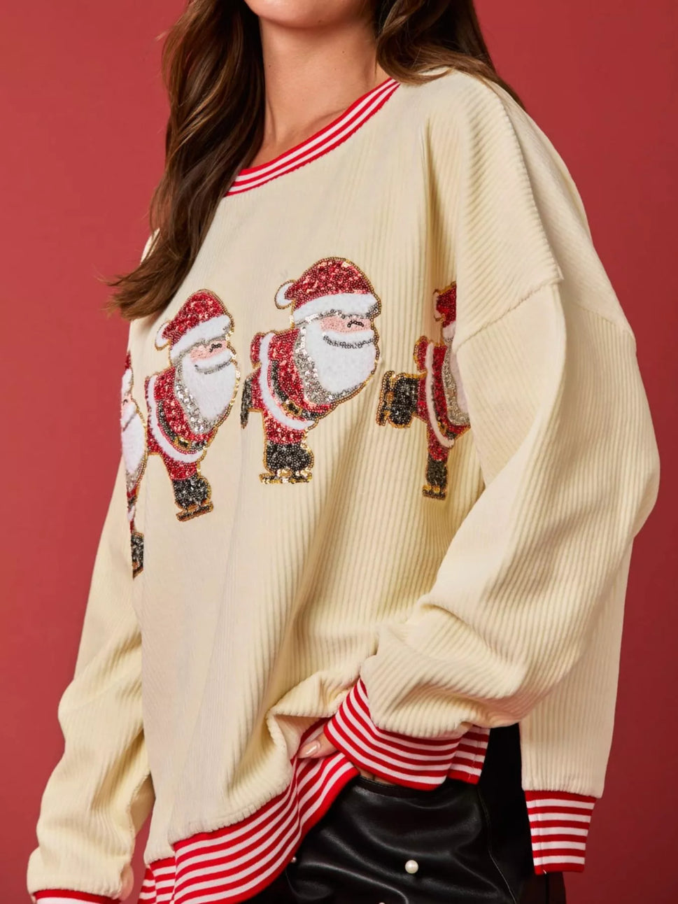 Christmas Sequin Candy Cane and Santa Sweatshirt with Striped Hem
