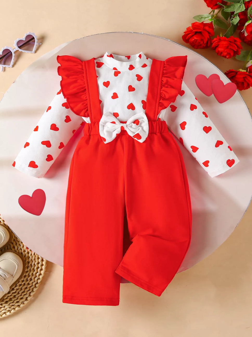 Children's Heart Print Top and Suspender Pants Set