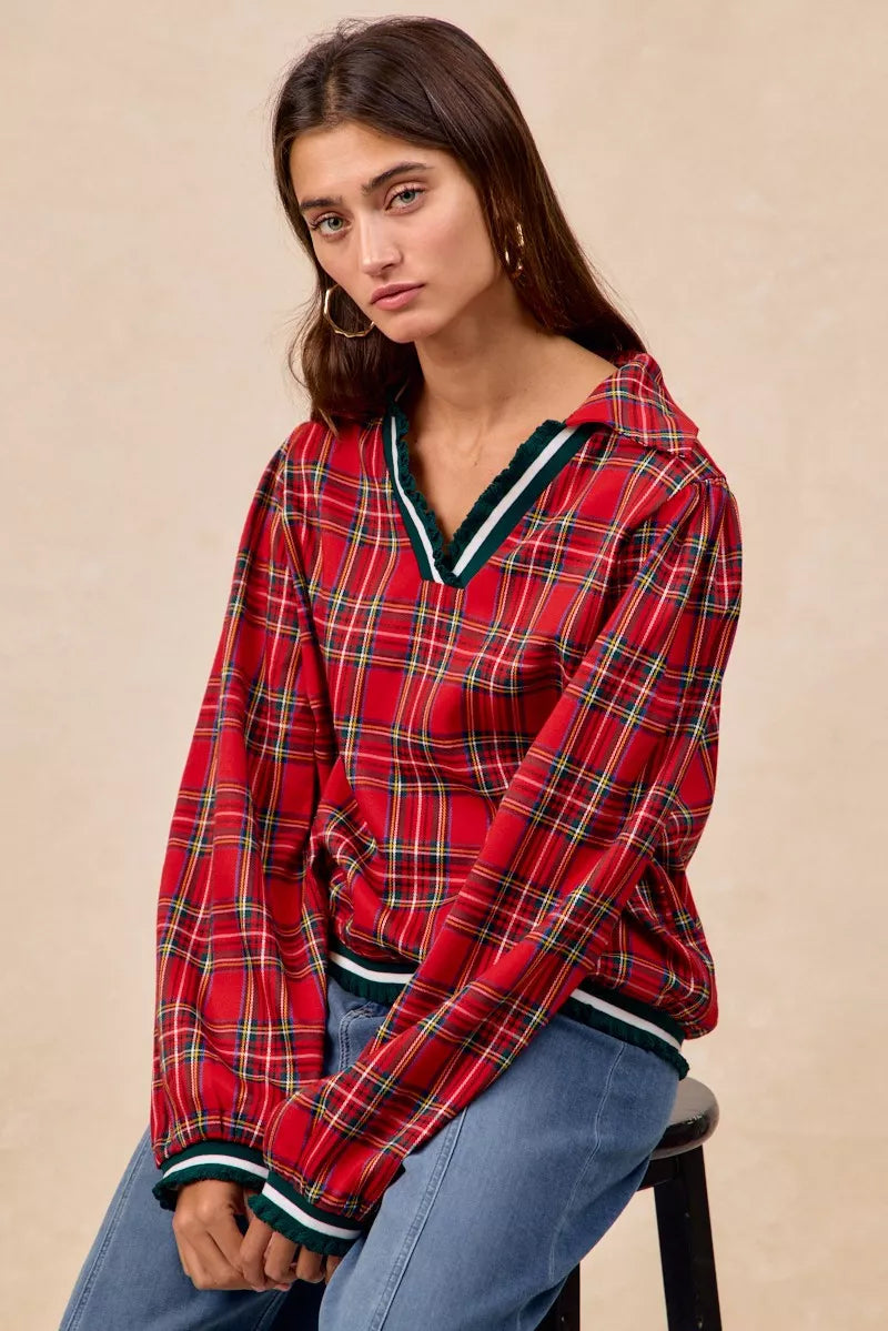 BiBi Christmas Plaid Collared Top with Ruffled Detail