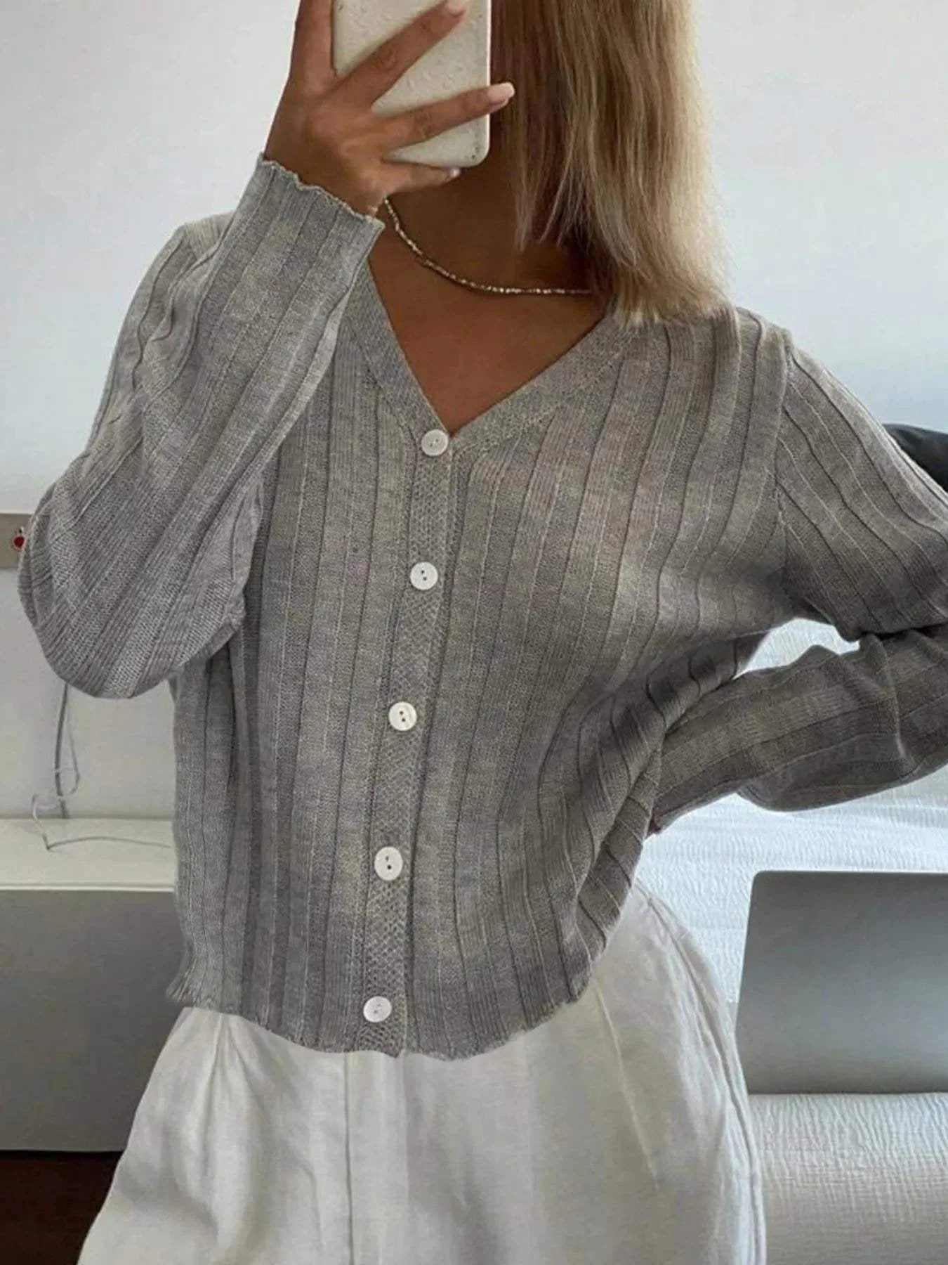Ribbed Button-Up V-Neck Cardigan