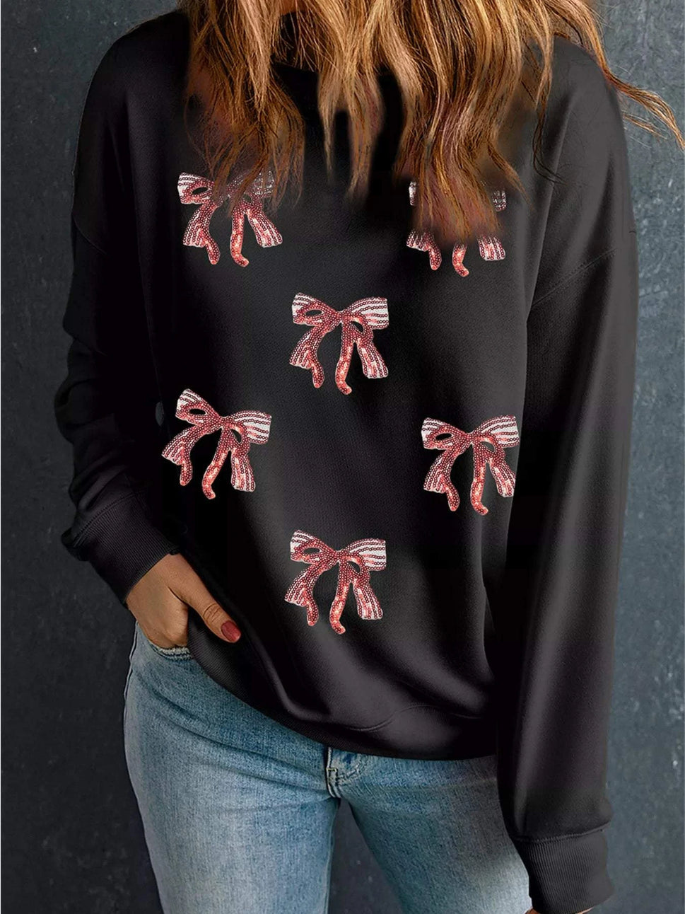 Christmas Sequin Ribbon Bow Drop Shoulder Sweatshirt