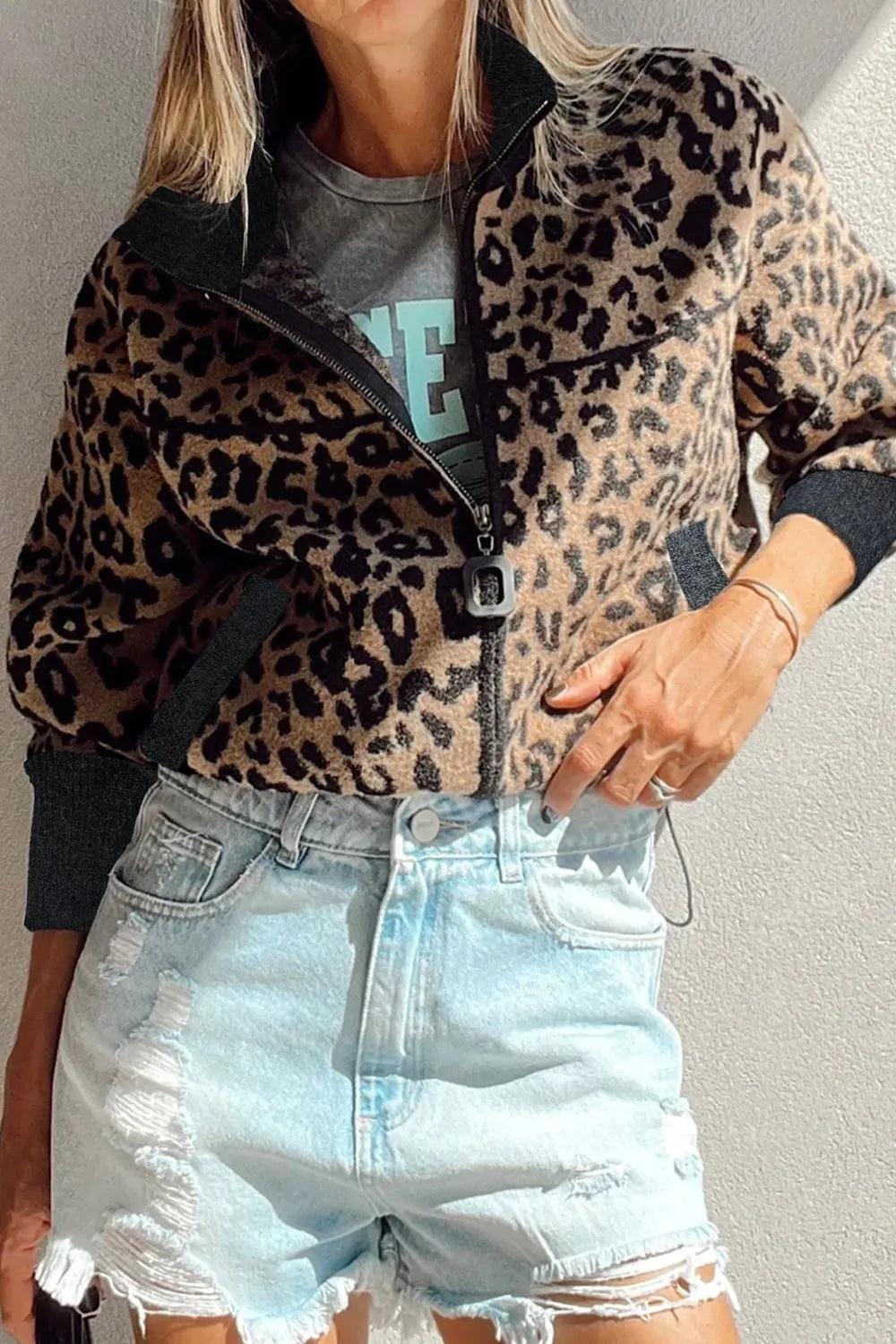Leopard Zip Up Long Sleeve Jacket