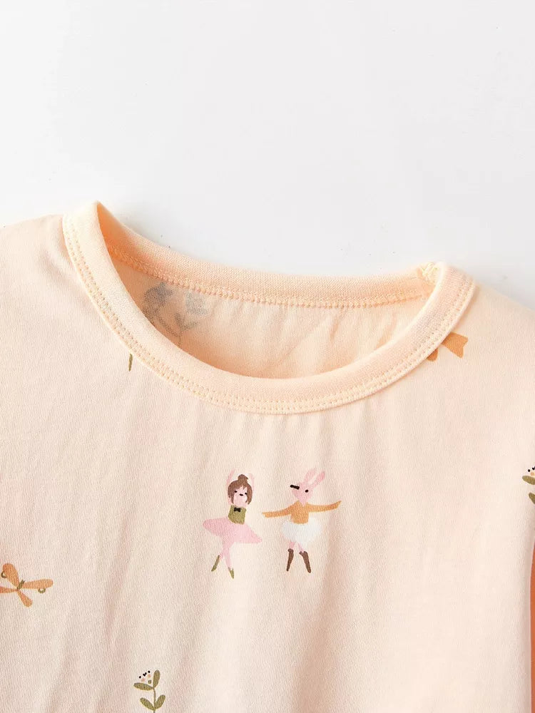 Children's Ballerina Print Round Neck Top and Pants Pajama Set
