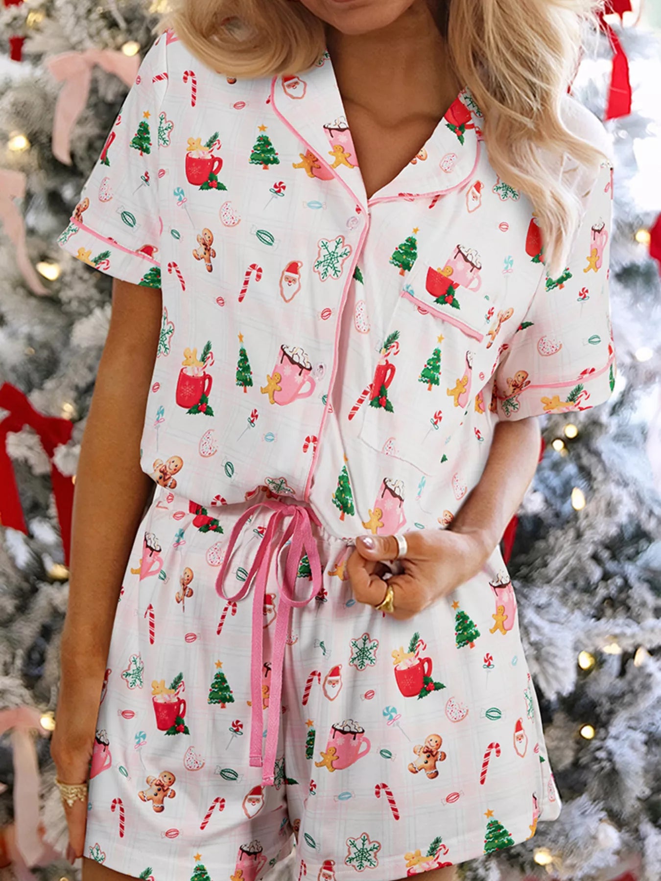 Christmas Print Button Up Top and Shorts Lounge Set