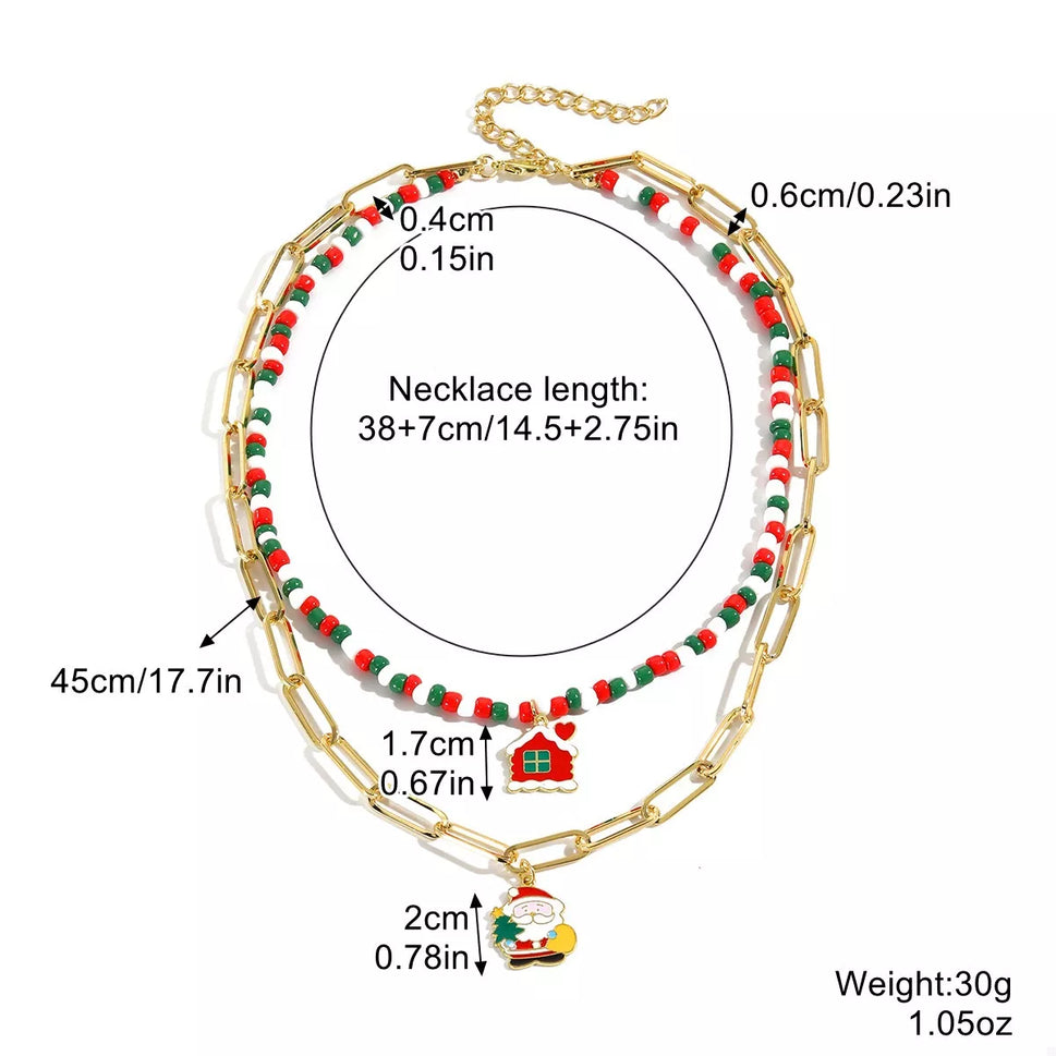Christmas Double-Layer Necklace with Colorful Beads and Pendant
