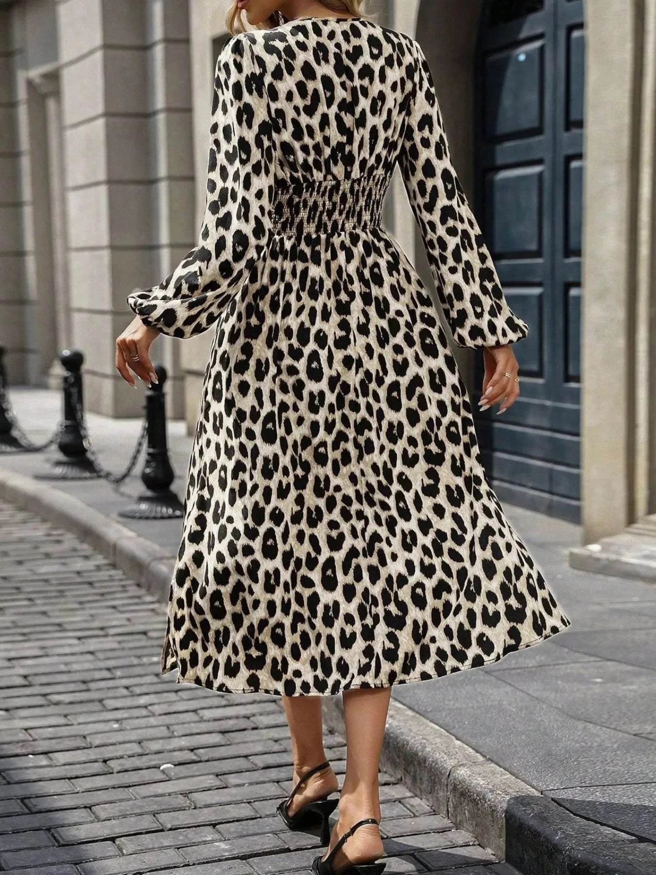 Leopard Print Long Sleeve Wrap Midi Dress