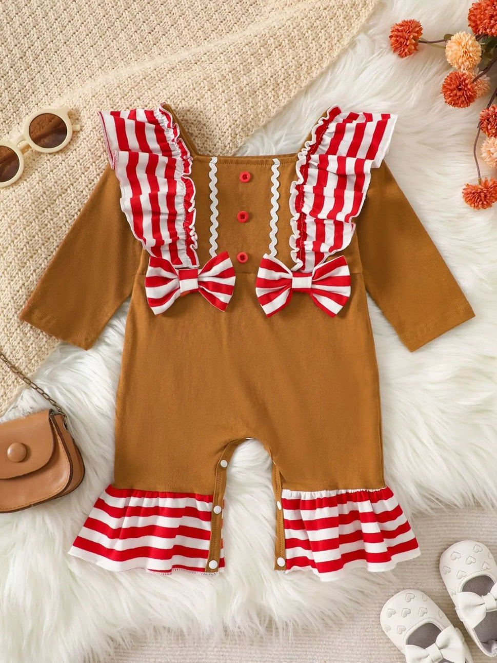 Children's Christmas Gingerbread Inspired Ruffle Trim Snapped Legs Jumpsuit