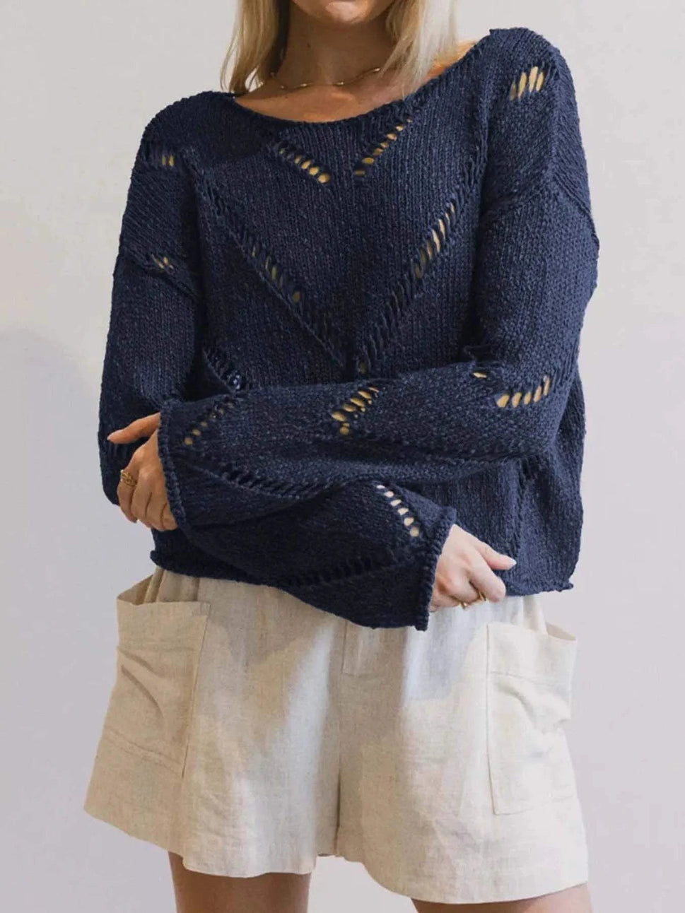 Openwork Boat Neck Long Sleeve Sweater