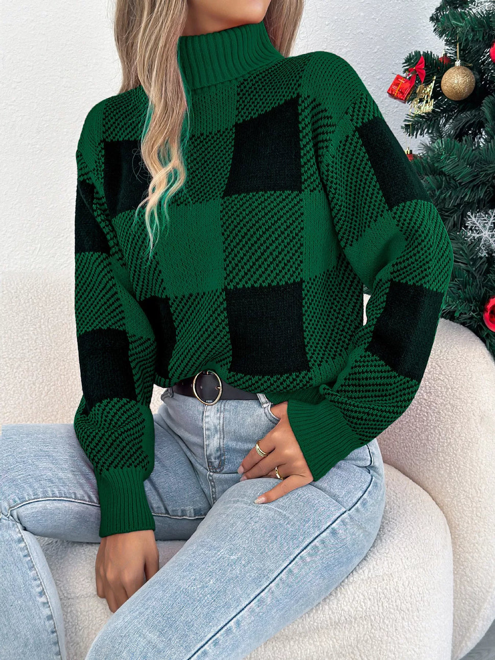 Christmas Plaid Long Sleeve Turtleneck Sweater