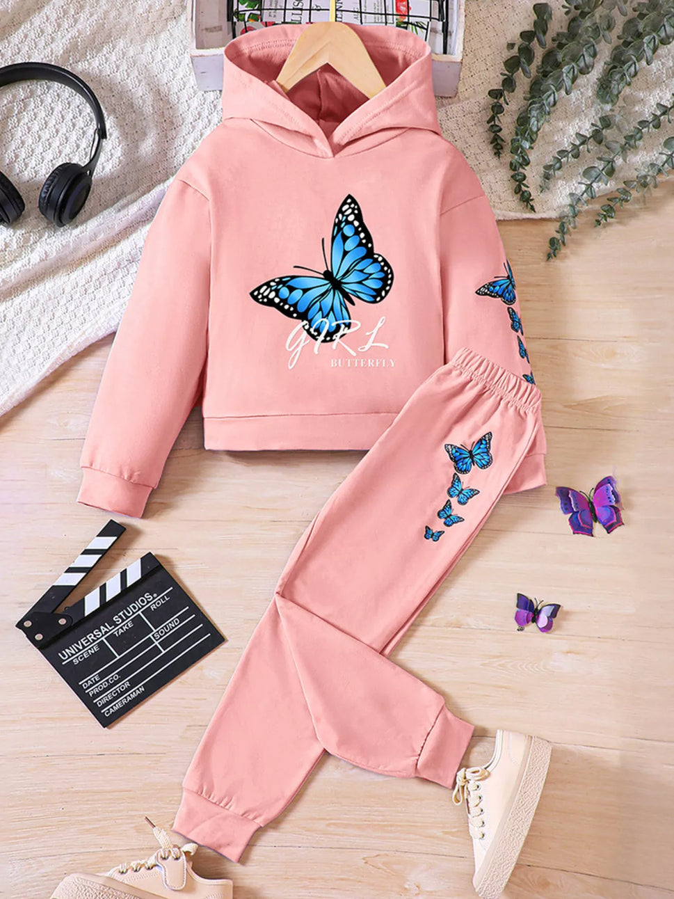 Childrens's Butterfly Print Hoodie & Pants Set