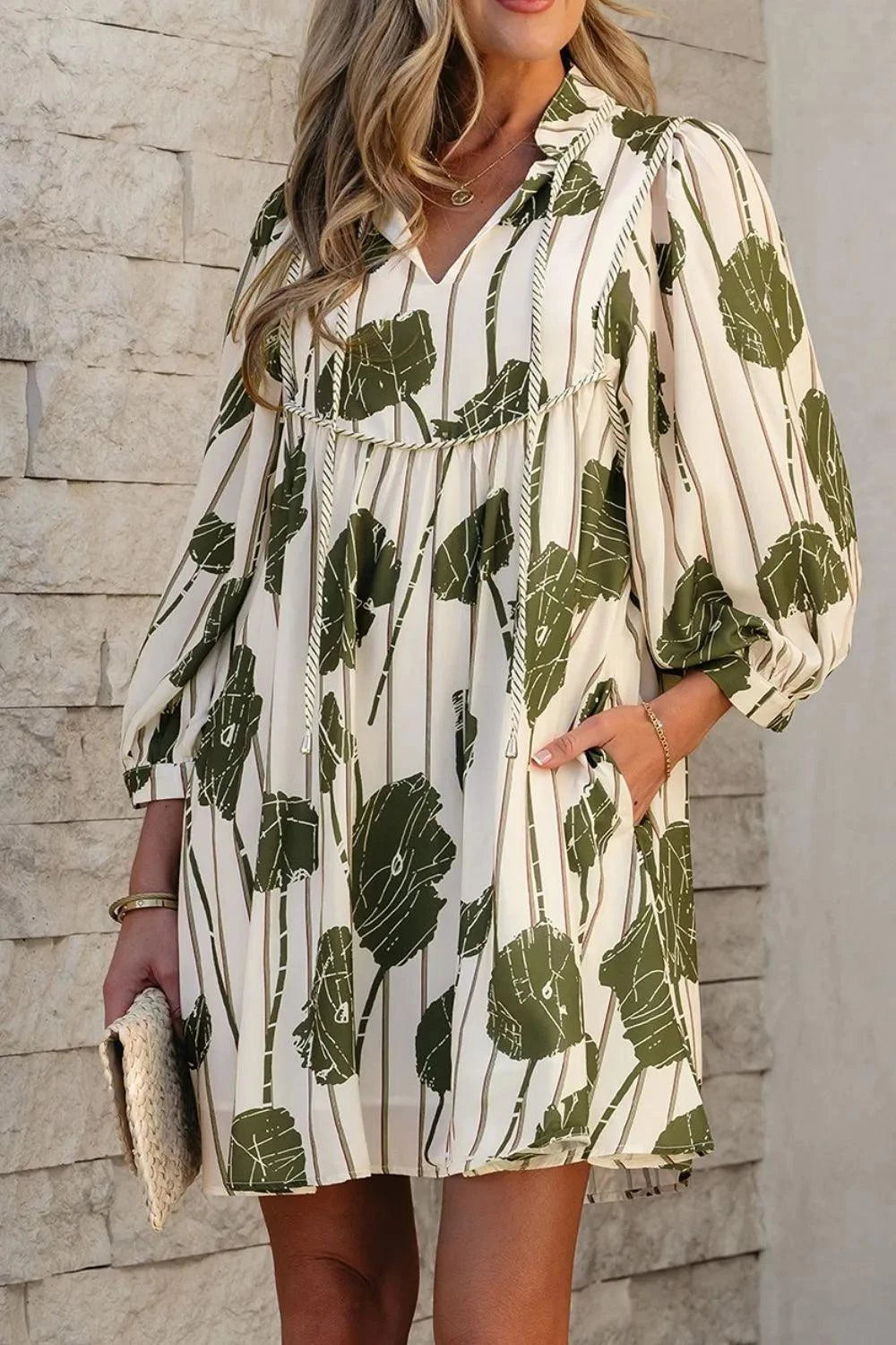 Printed Tie Neck Balloon Sleeve Dress