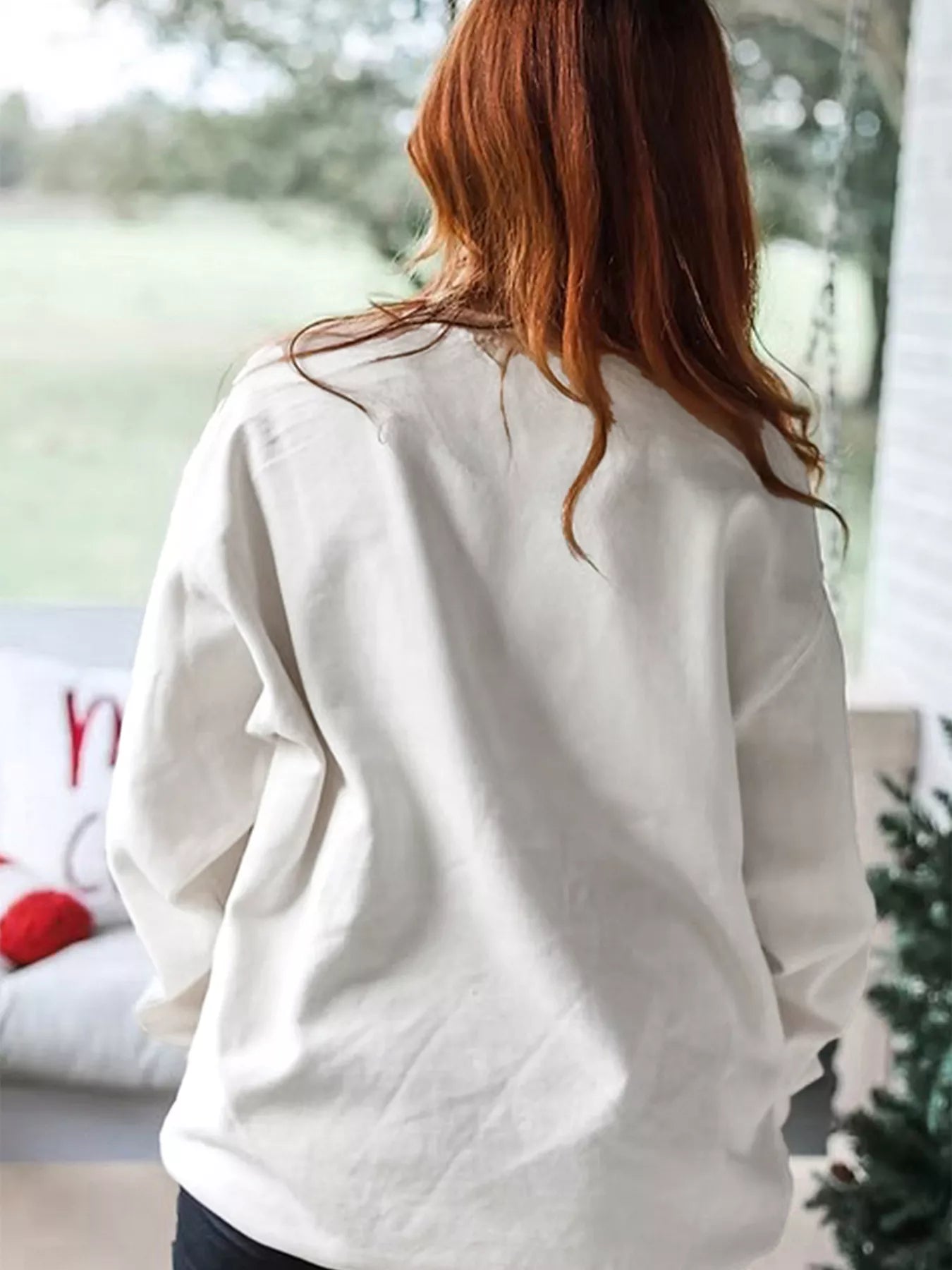 Pearl Plaid Christmas Tree Patched Drop Shoulder Sweatshirt