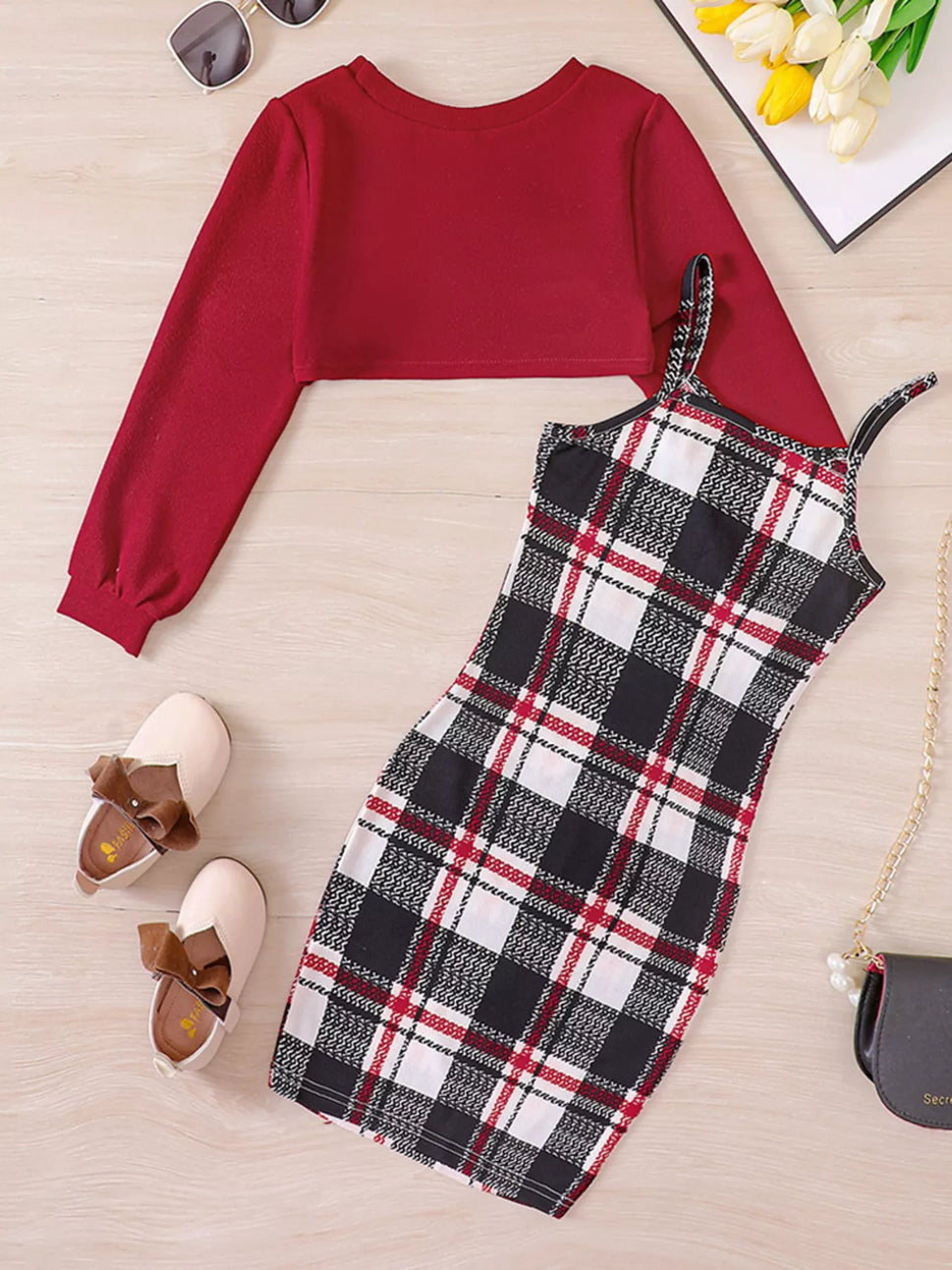 Children's Plaid Print Long Sleeve Dress Set