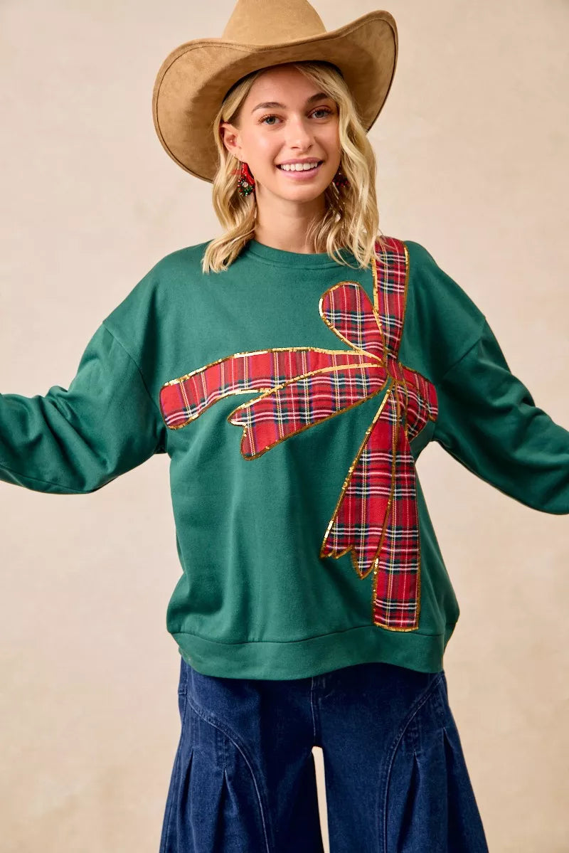 BiBi Plaid Ribbon Bow Detail Christmas Fleece Pullover