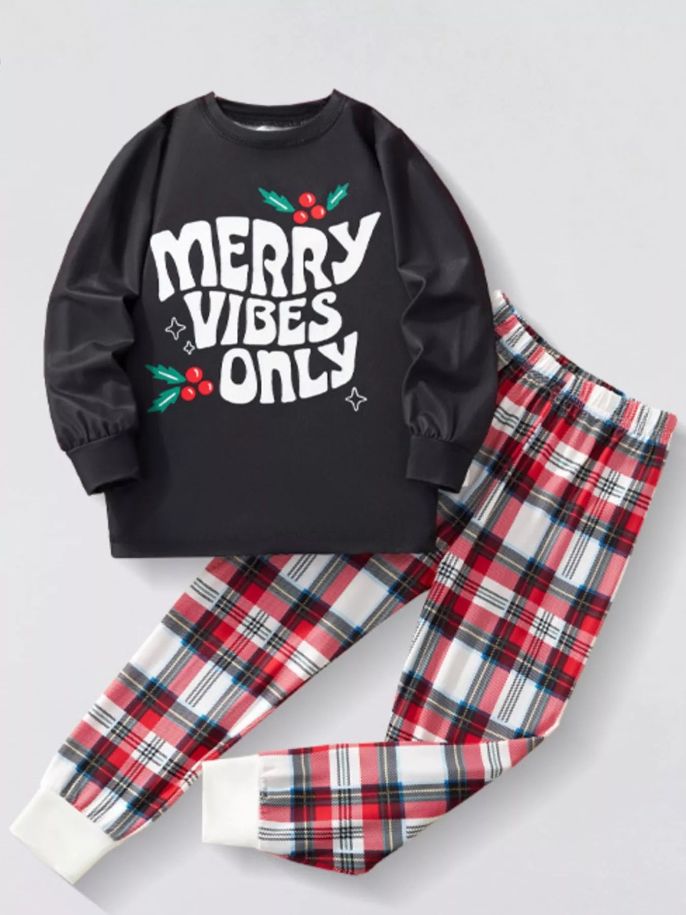 Children's Christmas Round Neck Top and Plaid Pants Set