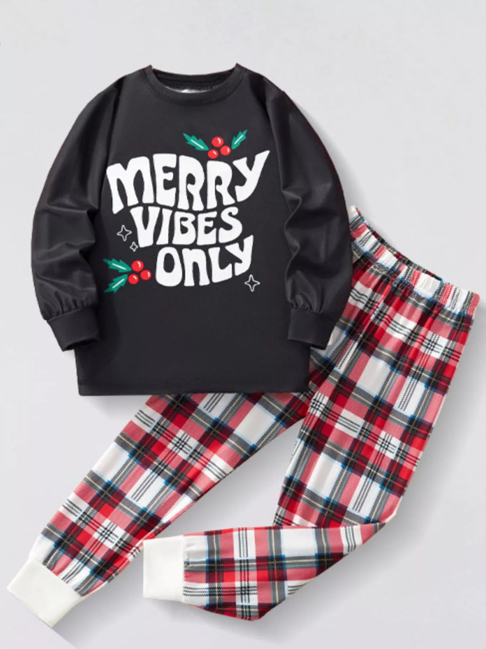 Children's Christmas Round Neck Top and Plaid Pants Set