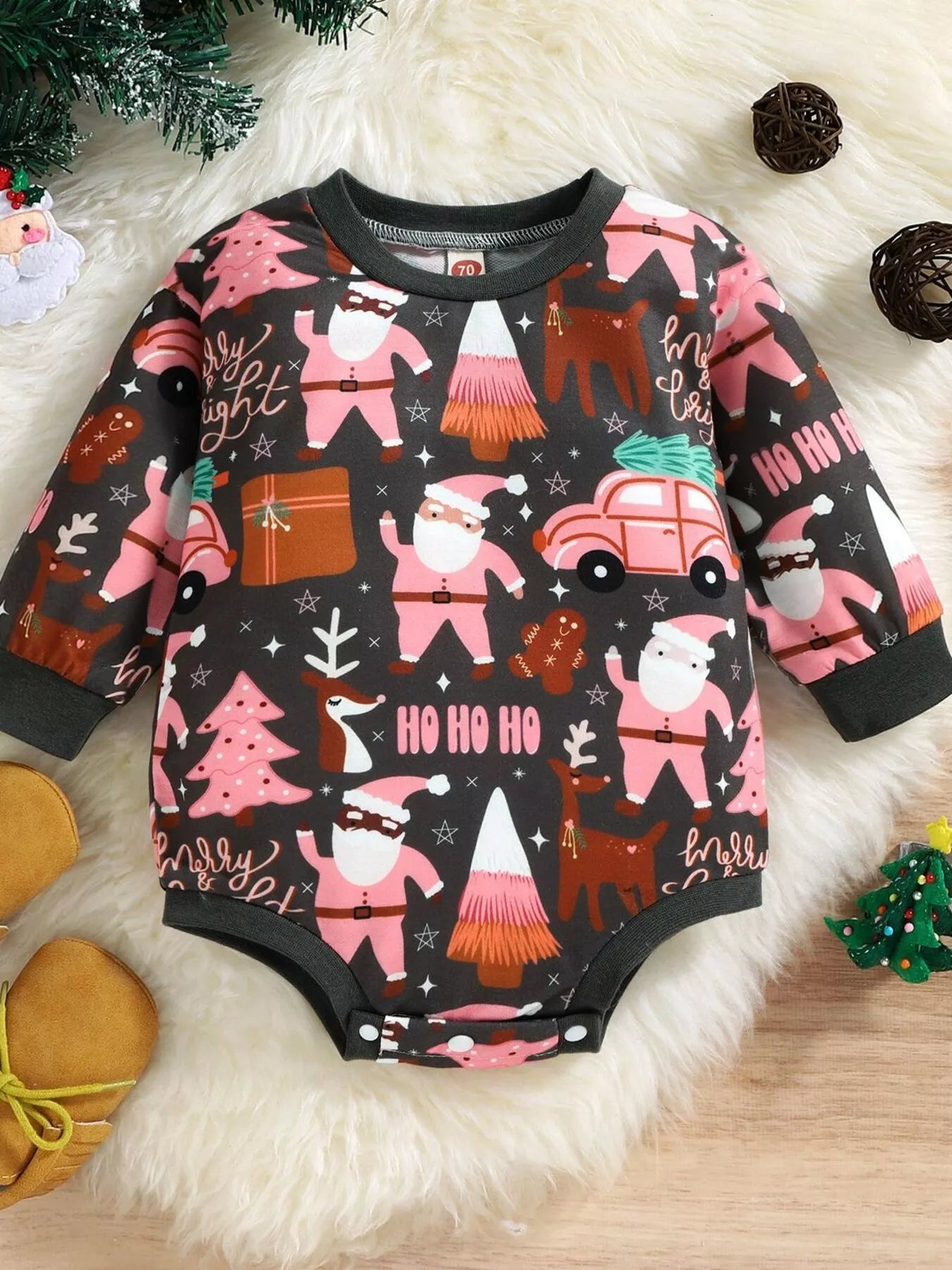 Children's Christmas Print Long Sleeve One-Piece Bodysuit