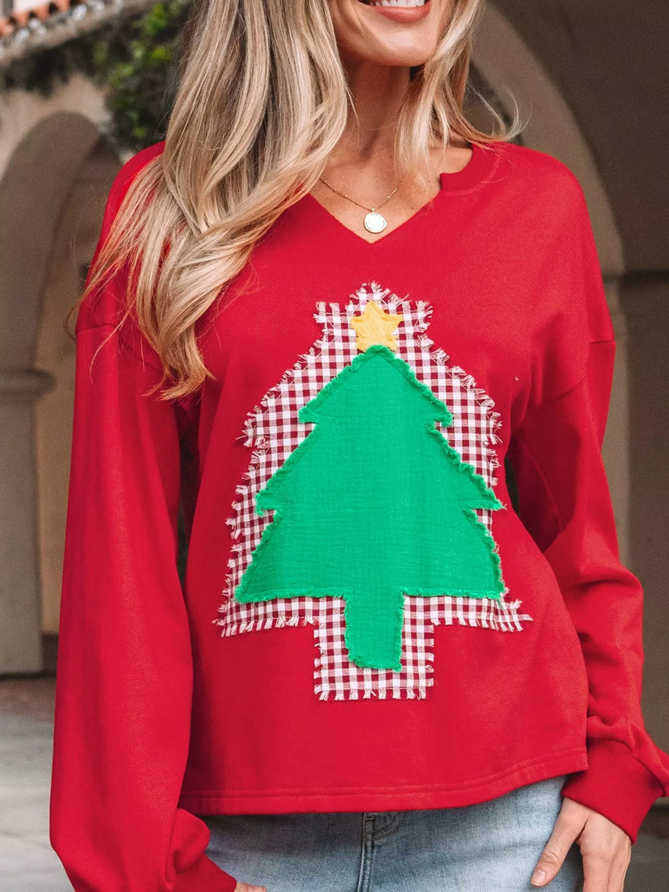 Plaid Frayed Double Christmas Tree Patched Drop Shoulder Sweatshirt