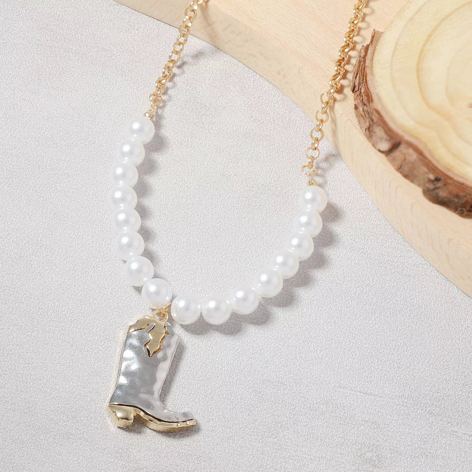 Western Style Pearl Boot Pendant Necklace