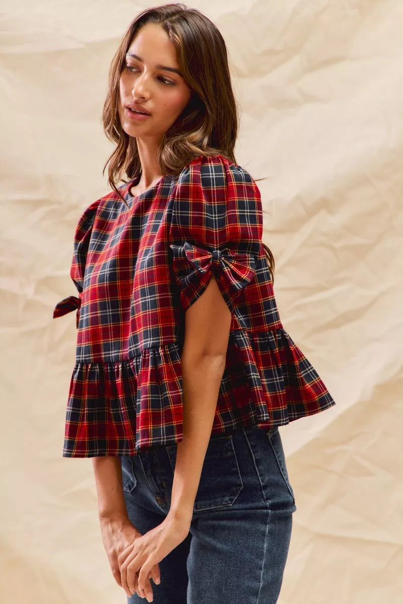 SO ME Christmas Holiday Plaid Ribbon Short Sleeves Top