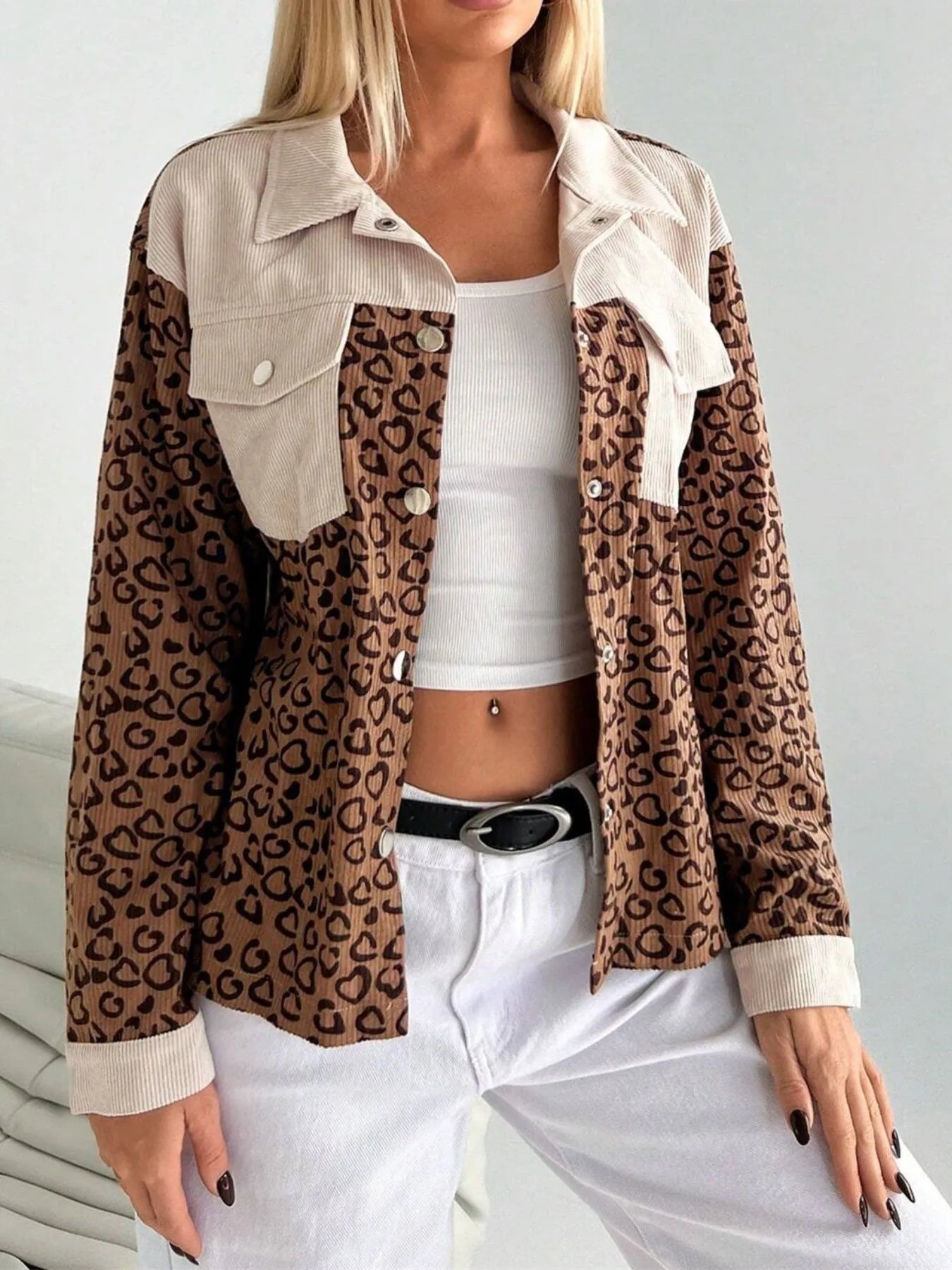 Leopard Print Color Block Corduroy Jacket