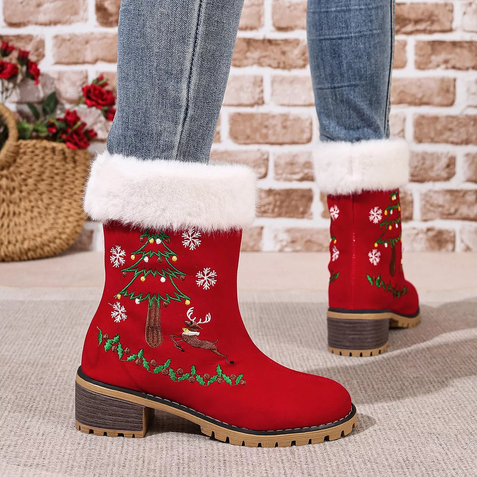 Christmas Embroidered Block Heel Ankle Boots