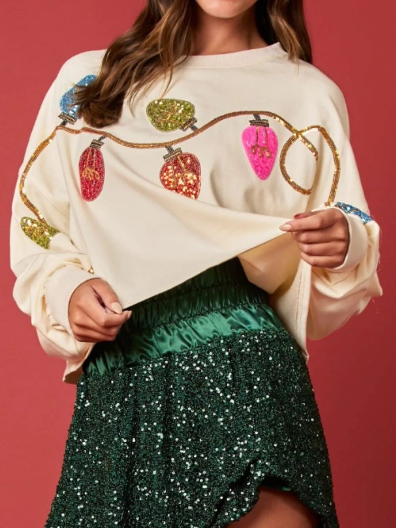 Christmas Holiday Lights Sequin Embellished Sweatshirt