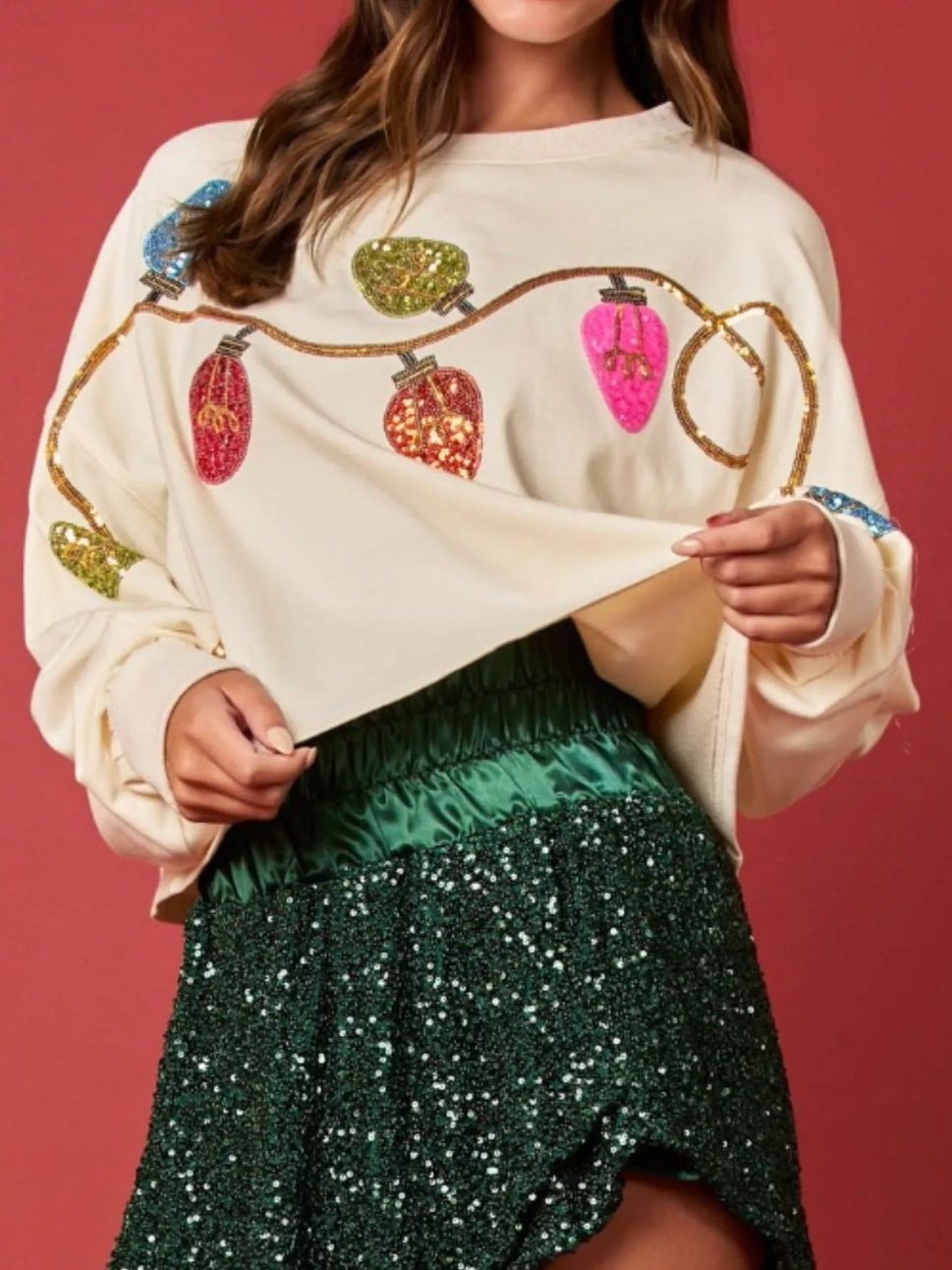 Christmas Holiday Lights Sequin Embellished Sweatshirt
