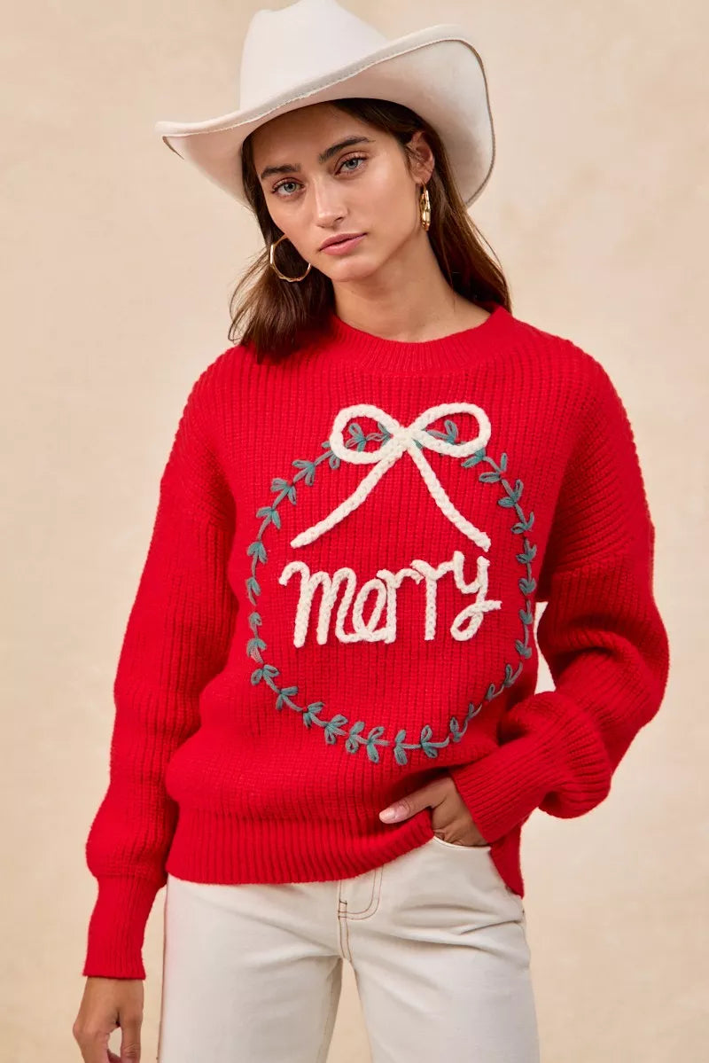 BiBi Christmas Wreath Merry Letter Knit Top