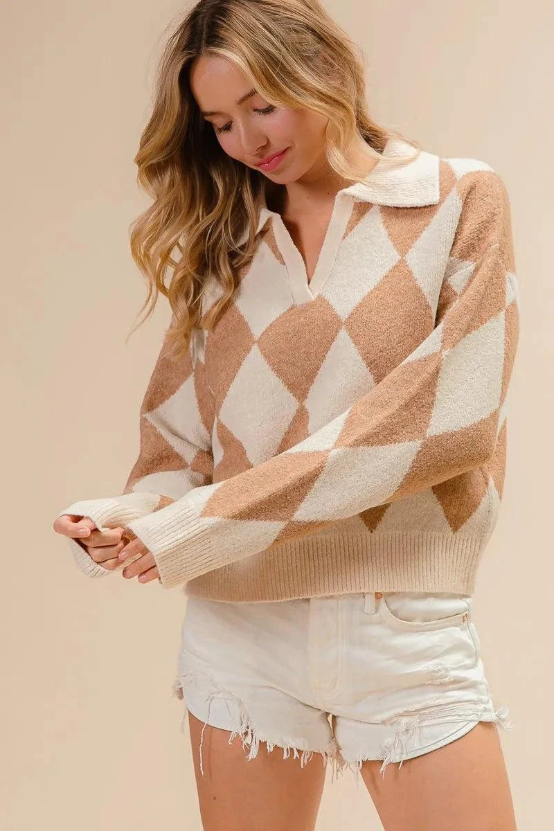 BiBi Diamond Pattern Collared Notch Neck Sweater