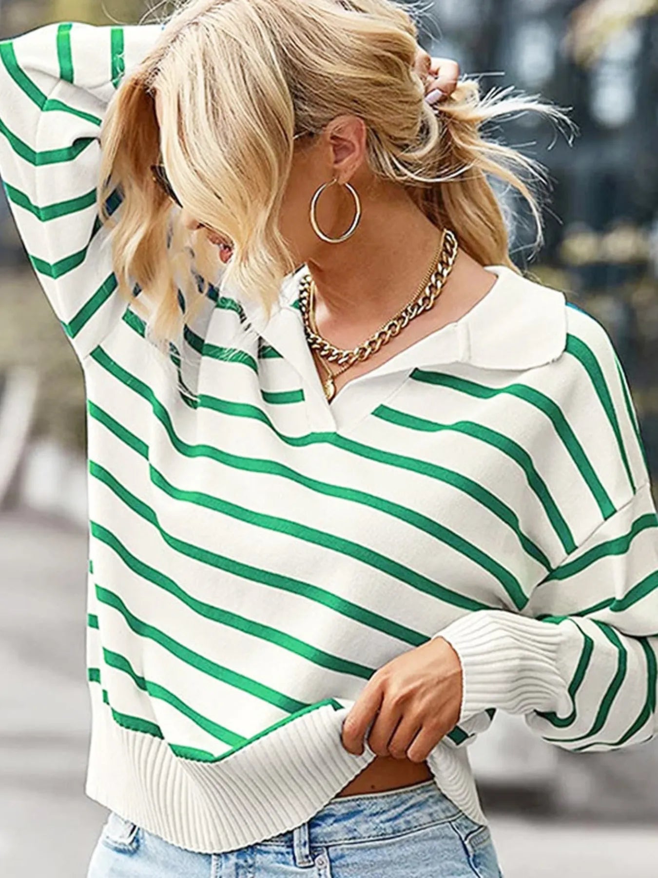 Ribbed Hem Long Sleeve Striped Sweater