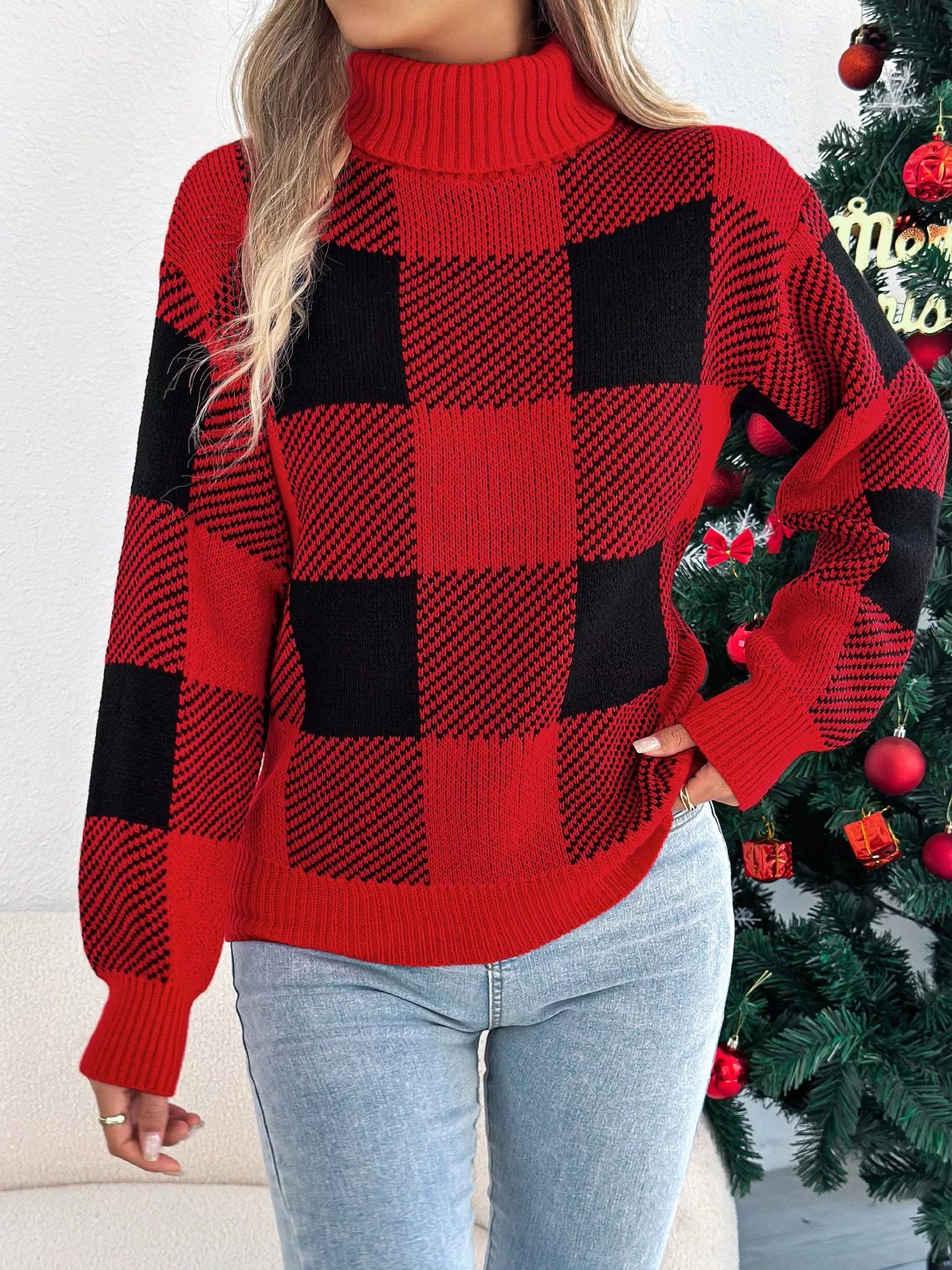 Christmas Plaid Long Sleeve Turtleneck Sweater