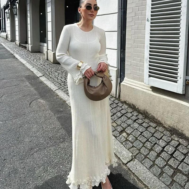 Elegant White Ruffle Pleated Long Dress